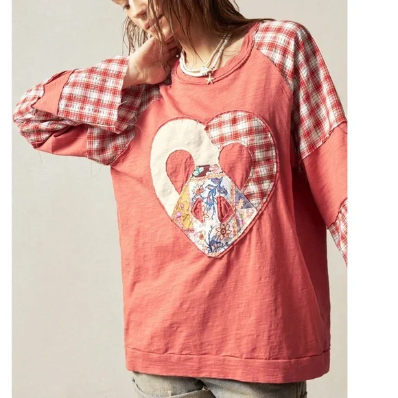 Boho Floral Print Plaid Print Heart Peach Sign Color Block Top - Picture 5 of 6